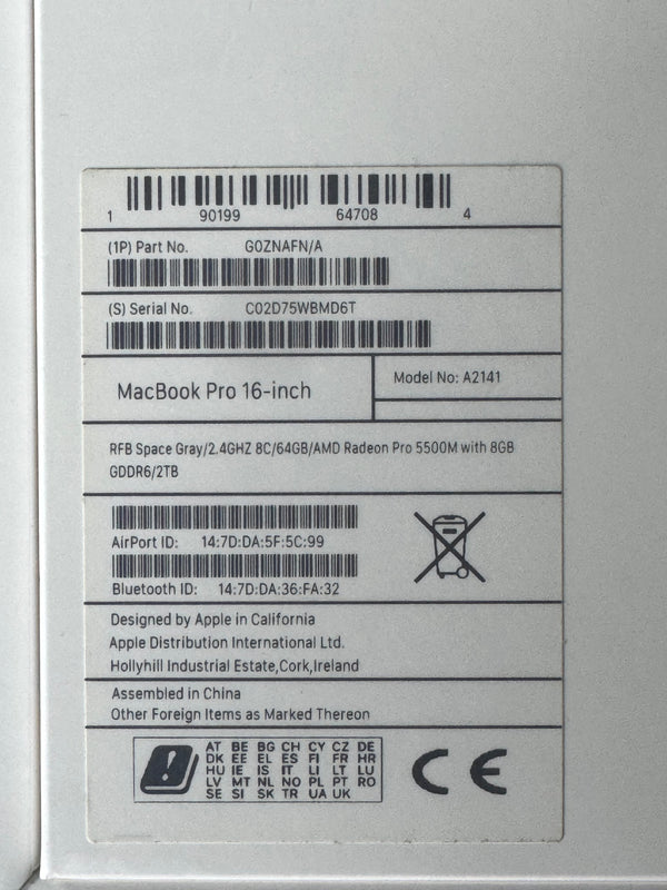 MacBook pro 16'' i9 2.4 64Go 2To SSD 2019