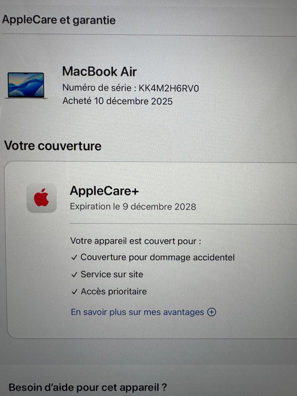 MacBook Air 13" M4 2025 32Go 1To AppleCare+ 2028