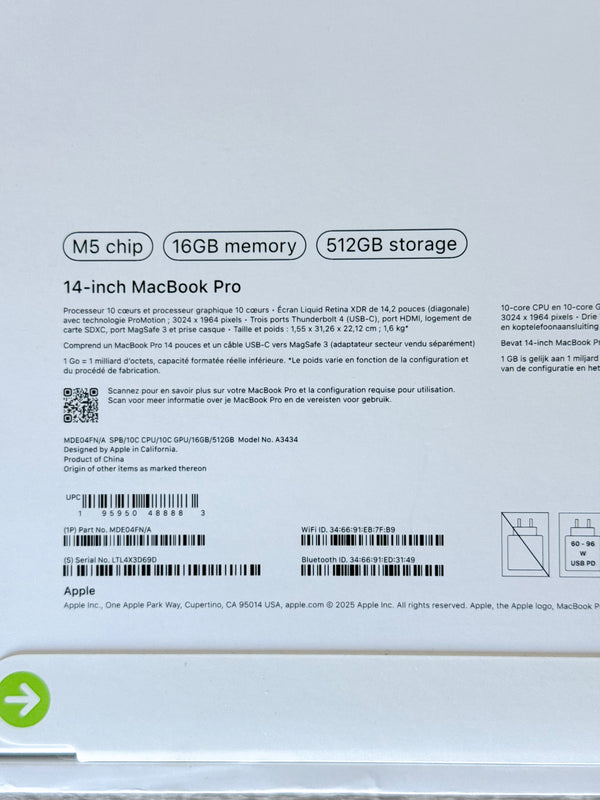MacBook Pro 14'' M5 16Go 512Go 2026 Neuf